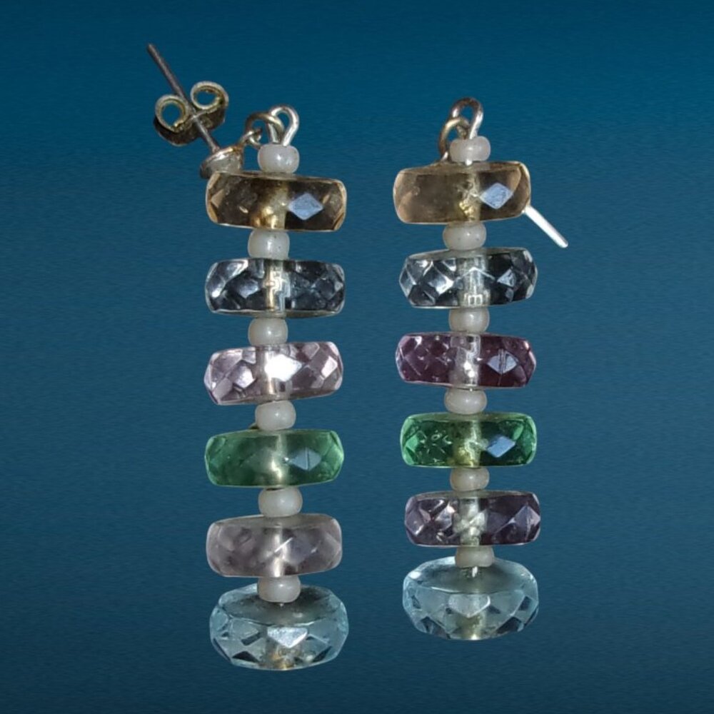 Acrylic Pierced Earrings MULTICOLORED PASTEL Tinted Stacked Disc Dangle MOD Fun